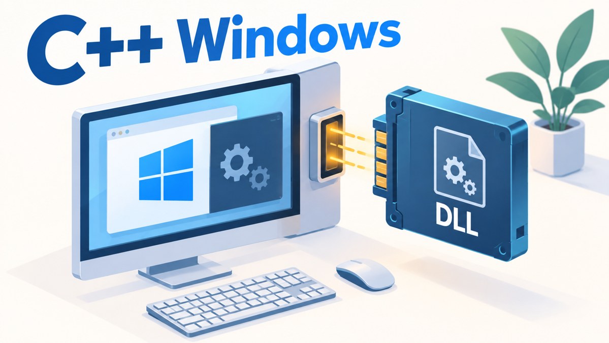 C++のプログラムから共有ライブラリを呼び出す方法（Windows編）を表すイメージイラスト