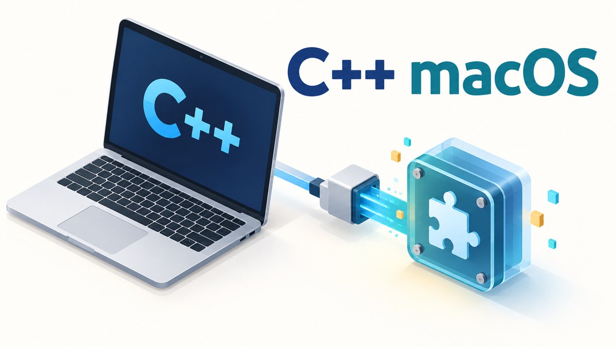 C++のプログラムから共有ライブラリを呼び出す方法（macOS編）を表すイメージイラスト