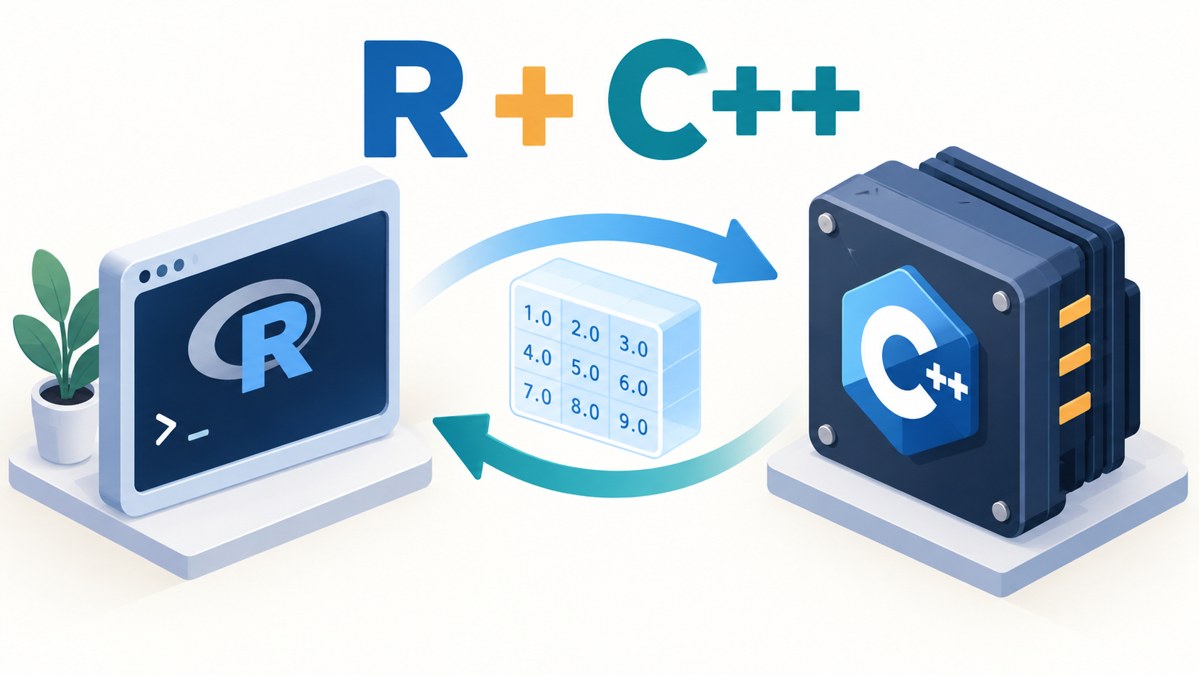 Windows上でRの外部ライブラリをC/C++で作成する手順（Rtools編）を表すイメージイラスト