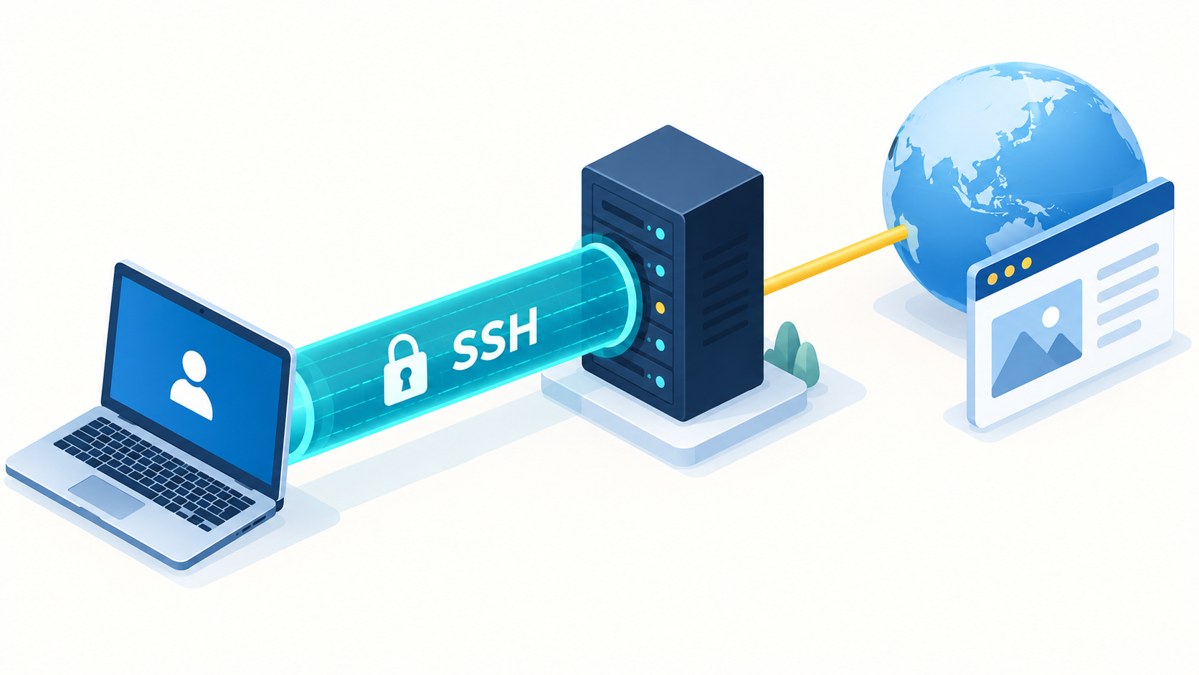 sshでホストごとの設定切り替えとdynamic forwardingとhostsファイルを表すイメージイラスト
