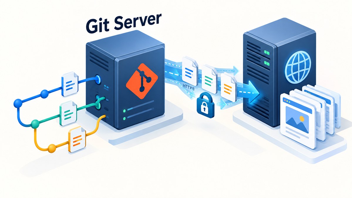 DebianでApache・gitサーバー構築を表すイメージイラスト