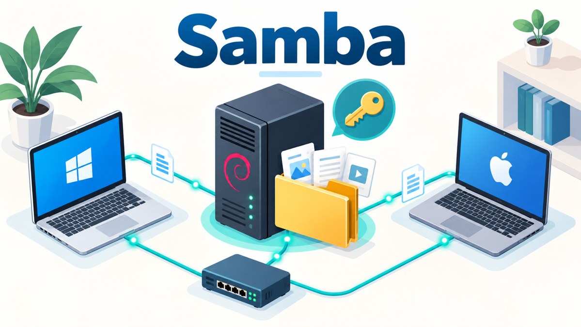 DebianでSambaサーバーを表すイメージイラスト